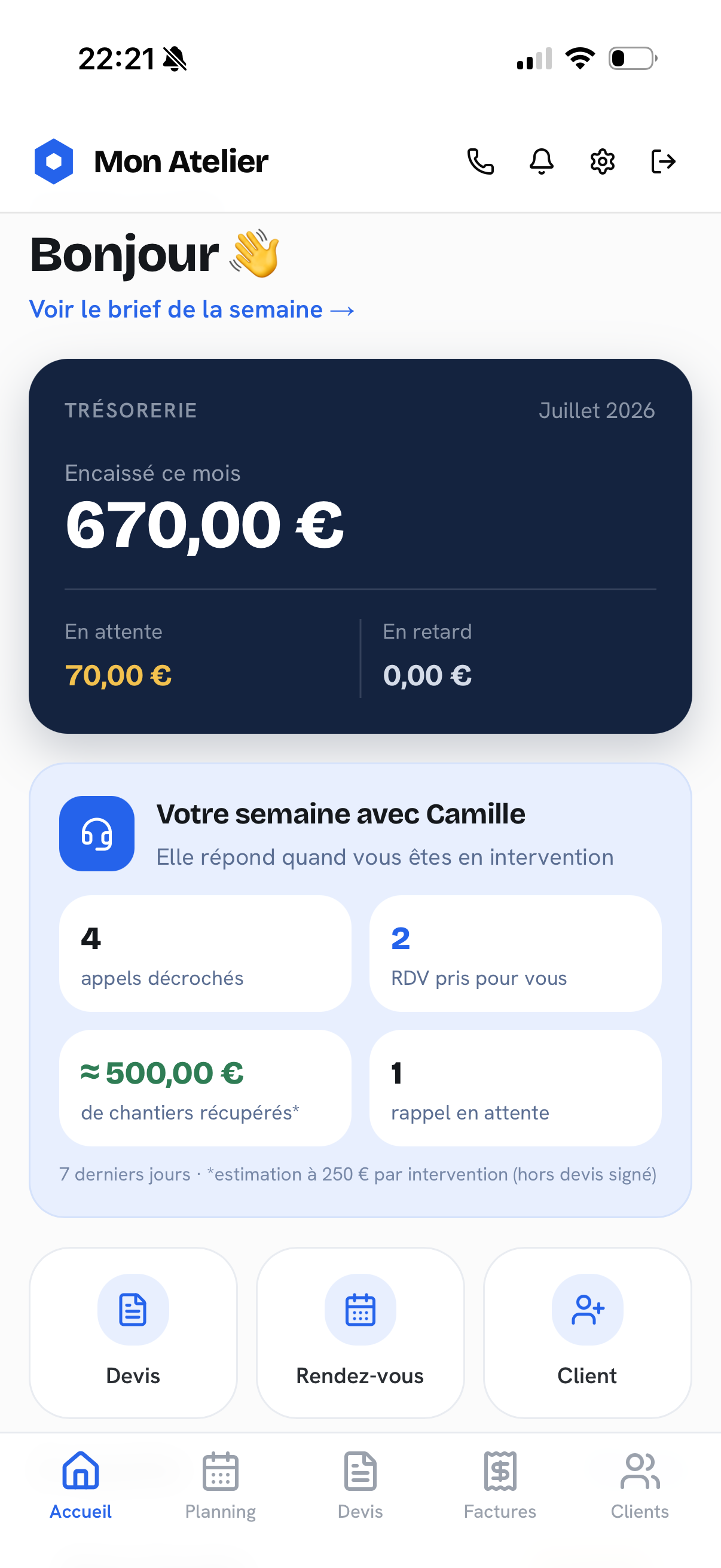 Écran Accueil de l'application Mon Atelier